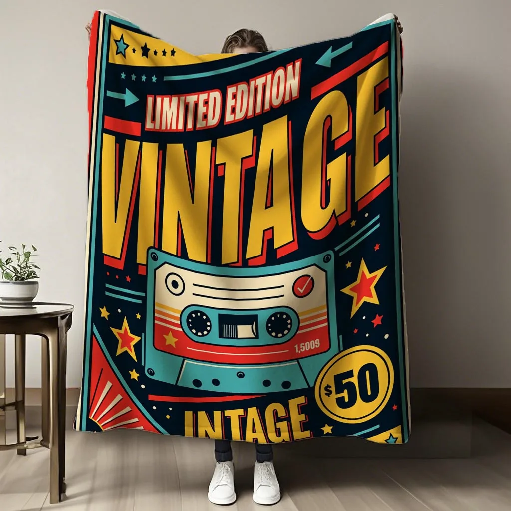 A Vintage-toned Cassette Tape Poster Design Printed Flannel Blanket, Versatile for All Seasons, Suitable for Napping and as a So