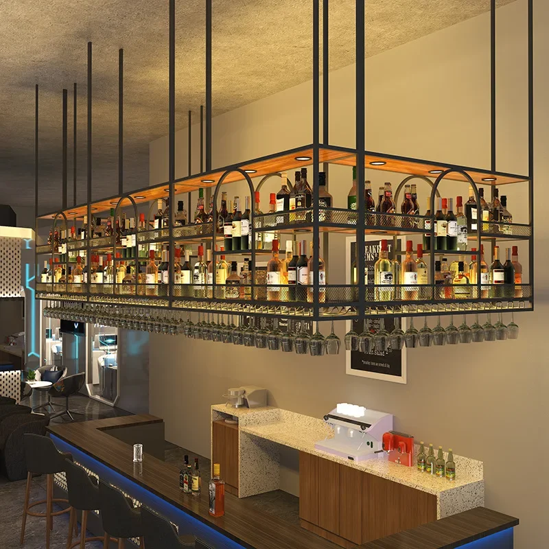 Bar wine rack Hanging industrial wind wrought iron cabinet Shelf Bar restaurant Commercial glass rack Hanging upside down