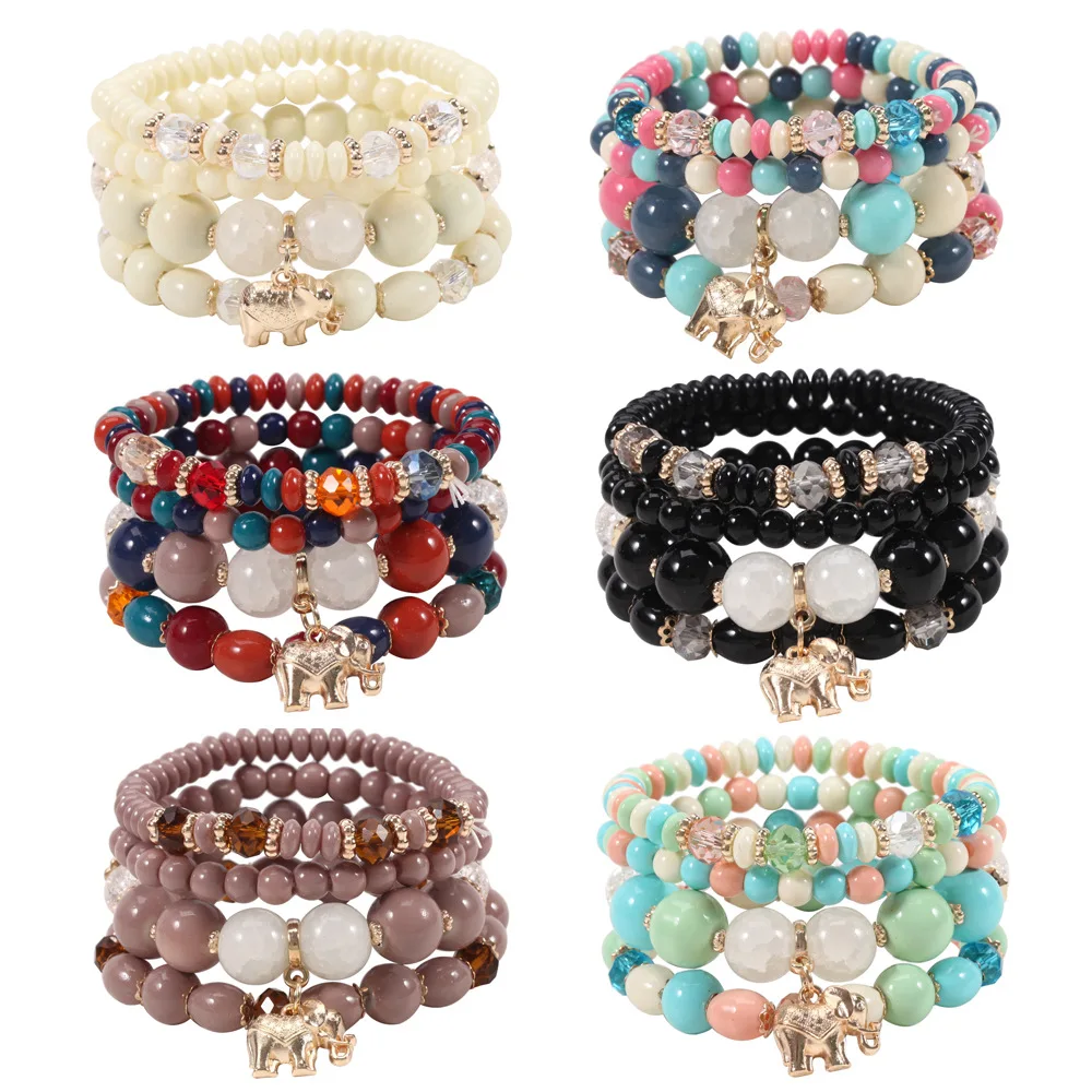 DIEZI Bohemian Handmde Crystal Beads Bracelet Men Women Girls Ethnic Elephant Charm Elastic Rope  Bracelet pulseira feminina