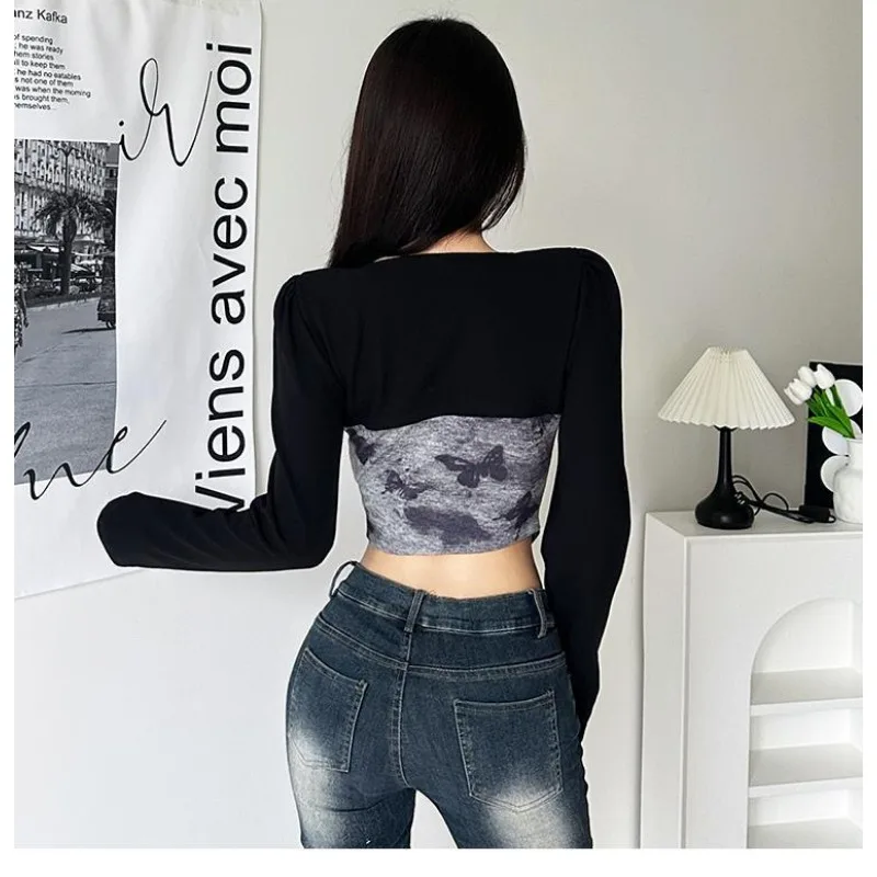 Patchwork Print T-shirt Vintage 90s Aesthetic Girls Y2k Tops Harajuku Gothic Streetwear Slim Long Sleeve Tees Drawstring Clothes