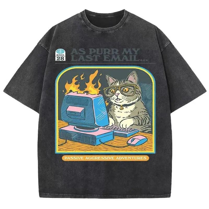 1pc Cat Playing Computer GamesPrint Snow Wash T Shirt Man Unisex Washed Tees Casual Shortwear Soft Breathable Cotton Clothes