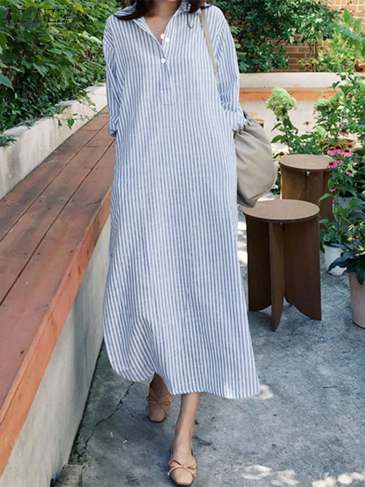 ZANZEA スタイリッシュなストライプ柄シャツワンピース レディース 2025年秋 長袖 ターン ダウンカラー ミディ丈ワンピース ストリートウェア 通勤 ローブ ファム