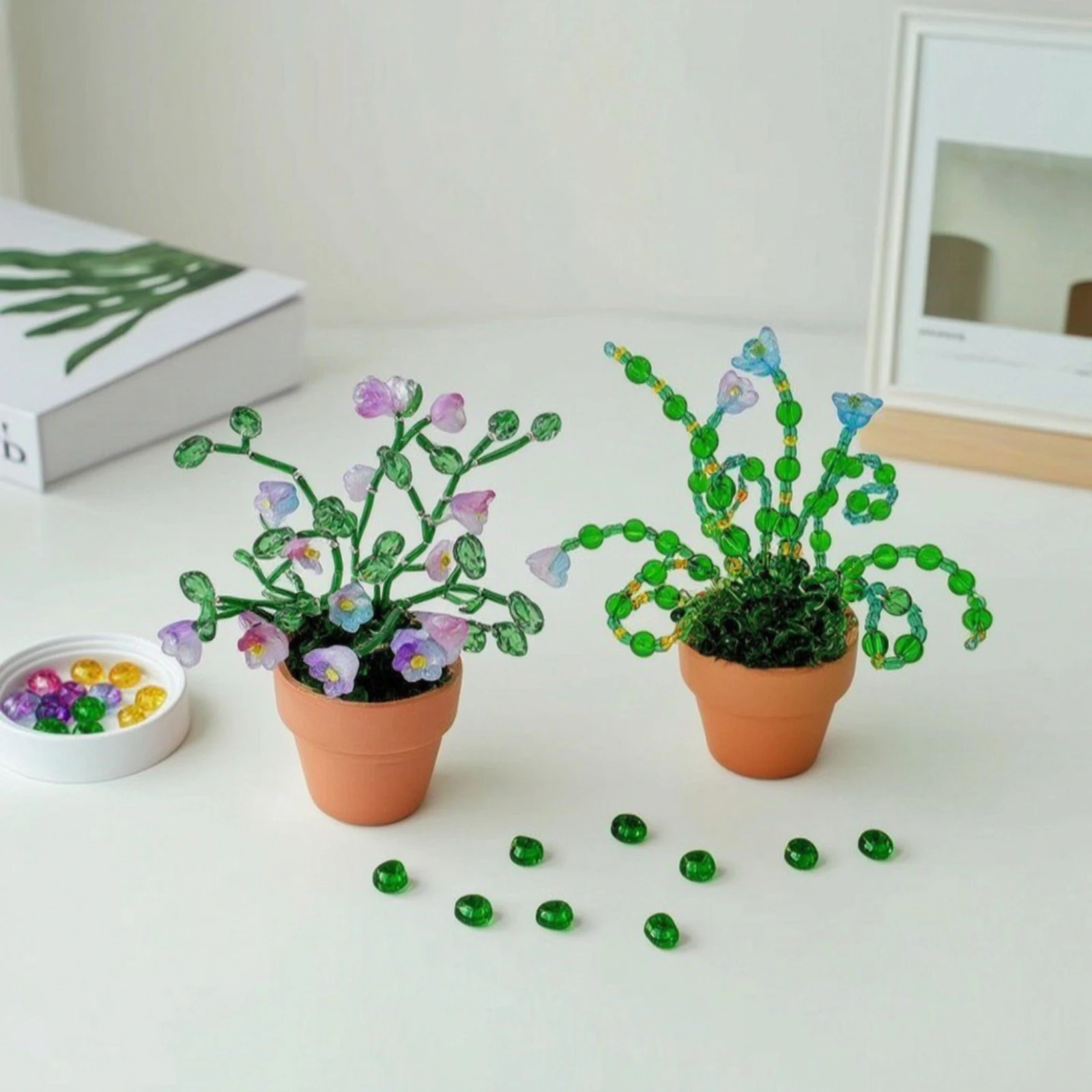 Glass Bead Floral Craft Kit Decorative DIY Beaded Floral Craft Kit with Pots Handmade Beaded Planter Set for Hobbyists