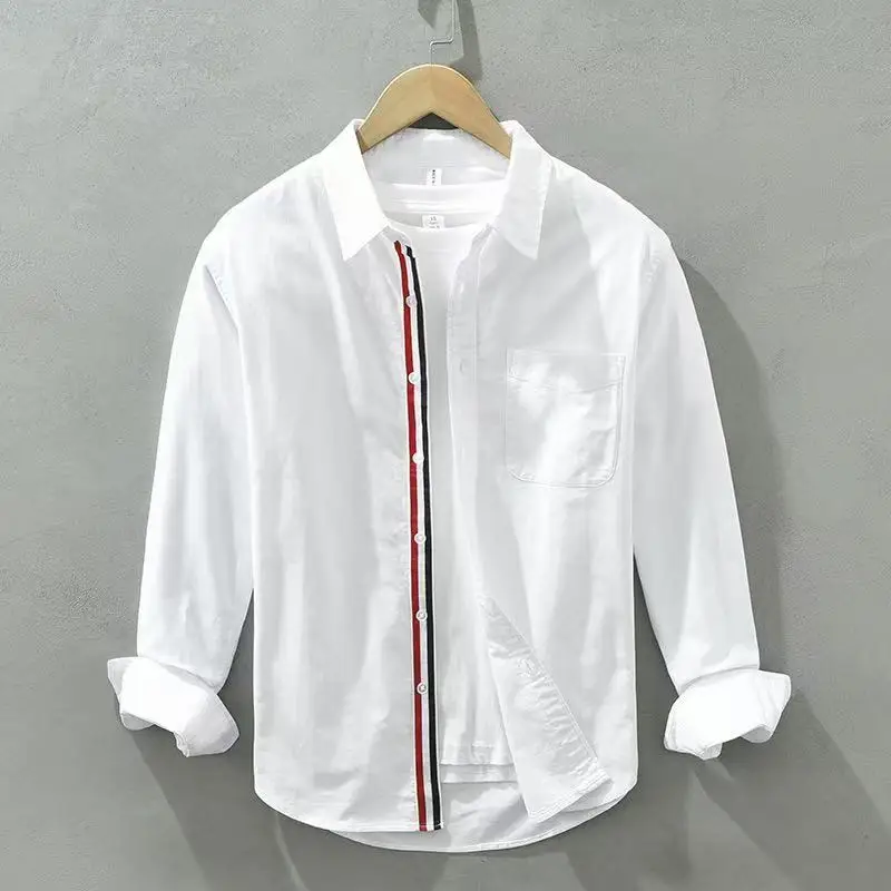 

Men's 2026 Cotton Oxford Shirt Contrast Ribbon Placket Long Sleeve Casual Business Daily Wear Button Up Shirt for Men