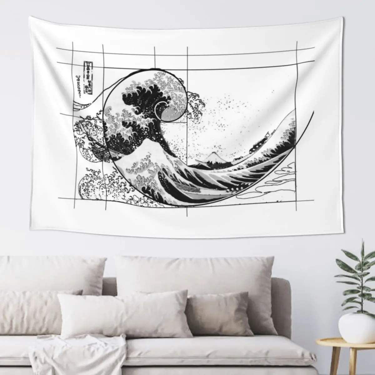 

Hokusai Meets Fibonacci, Black and White, Black LIne Tapestry Aesthetic Decoration Decoration Aesthetic Tapestry