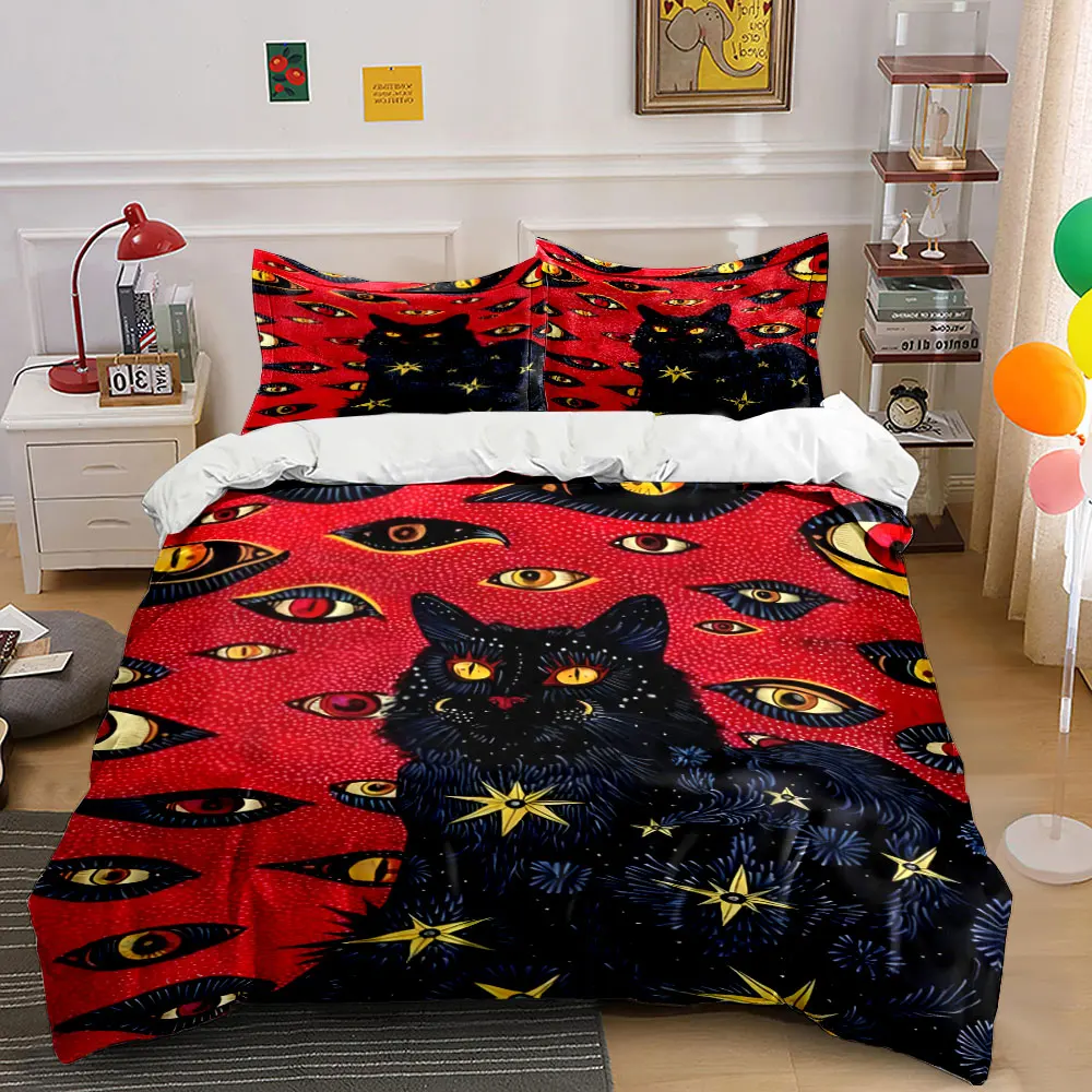 Black Cat with Starry Eyed Background Print Bedding Set 1Duvet Cover 2 Pillowcases for Adult and Children Luxury Gift Full Size