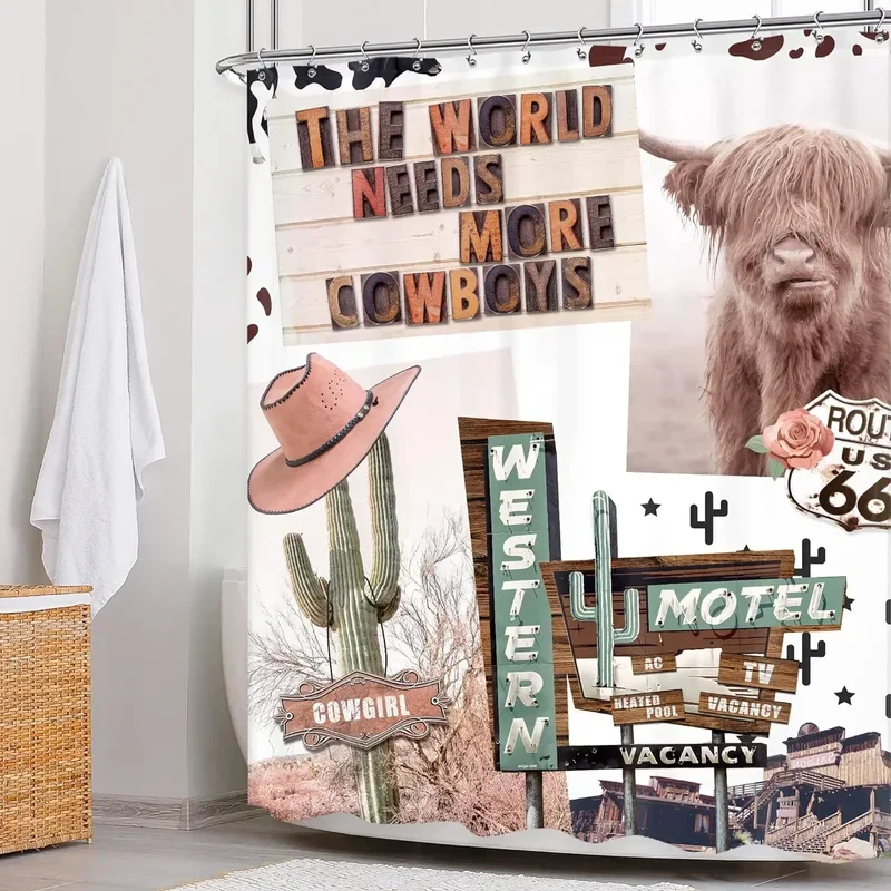 

PO01 Rustic Farmhouse Funny Longhorn Cow Shower Curtain Farm Animal Cactus Casual Vintage Style Shower Curtains Bathroom Decora