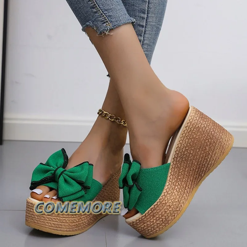 Women Slippers Fashion Pee Toe Summer Footwear Luxury Butterfly-knot High Heels Slides Platform Wedges Ladies Shoes Round Toe PU