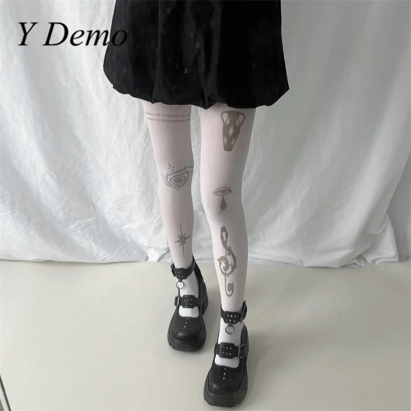 Y Demo Harajuku Stars Vortex White Stockings Women's Slim Printing Tights Retro Music Note Pantyhose