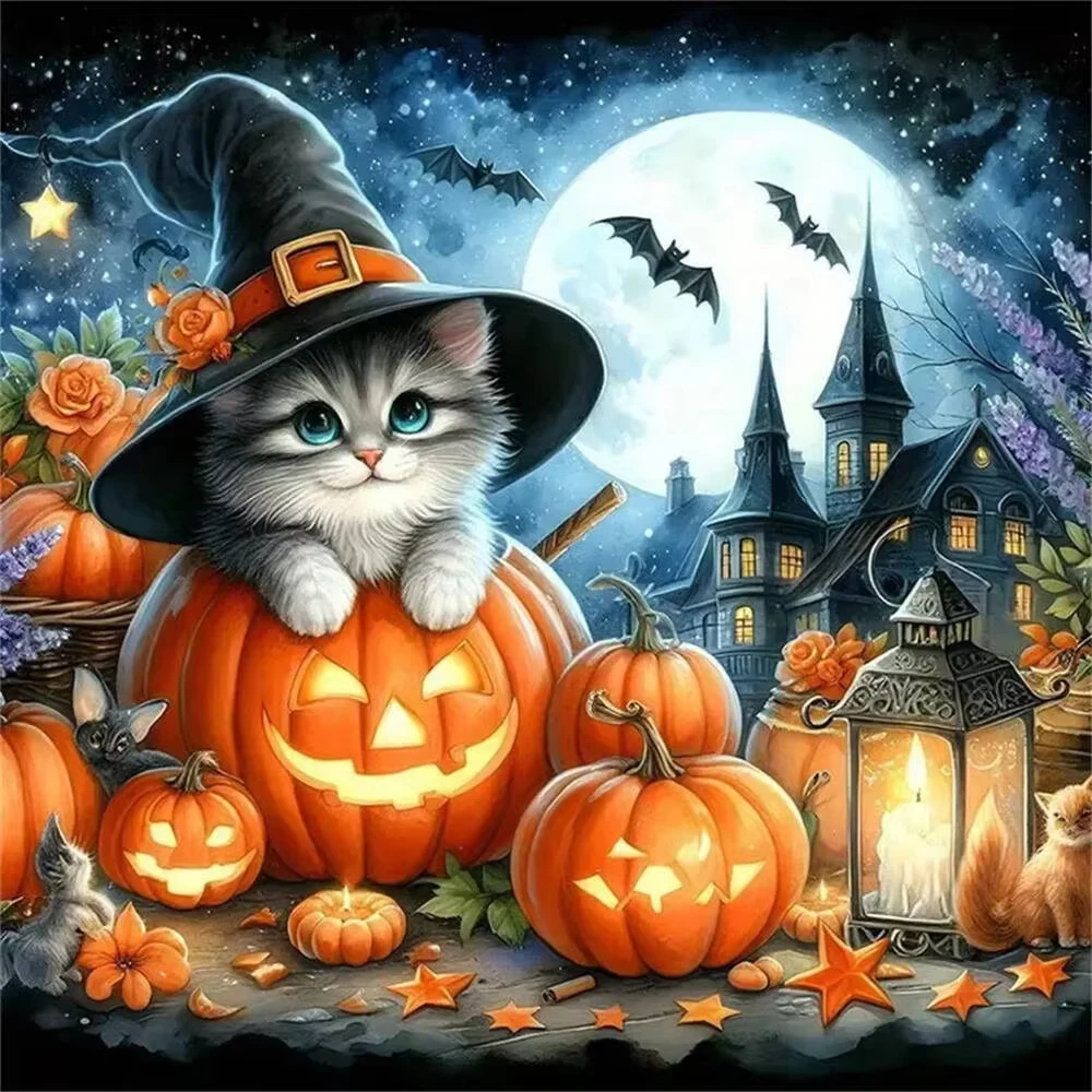 Diamantmosaik Katze Tier DIY Schloss Diamantmalerei Kürbisbild aus Strasssteinen Stickerei Mond Halloween Geschenk