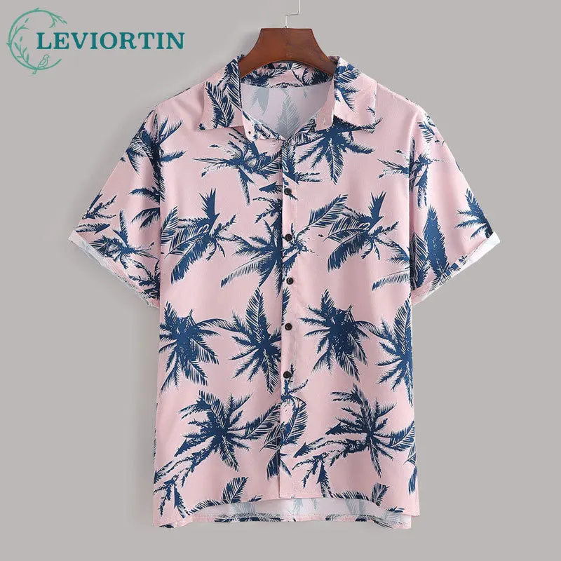 2025 Men's Summer New Casual Loose Beach Two Piece Fashion Pink Leaf Short Sleeve Shorts Southeast Asian Style Set LR-84DT