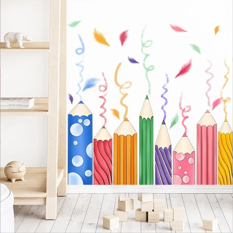 1Pcs Colorful Pencil Feather Wall Stickers For Children's Room Tutorial Class Wall Self-adhesive Painting Wallpaper Stickers Fun