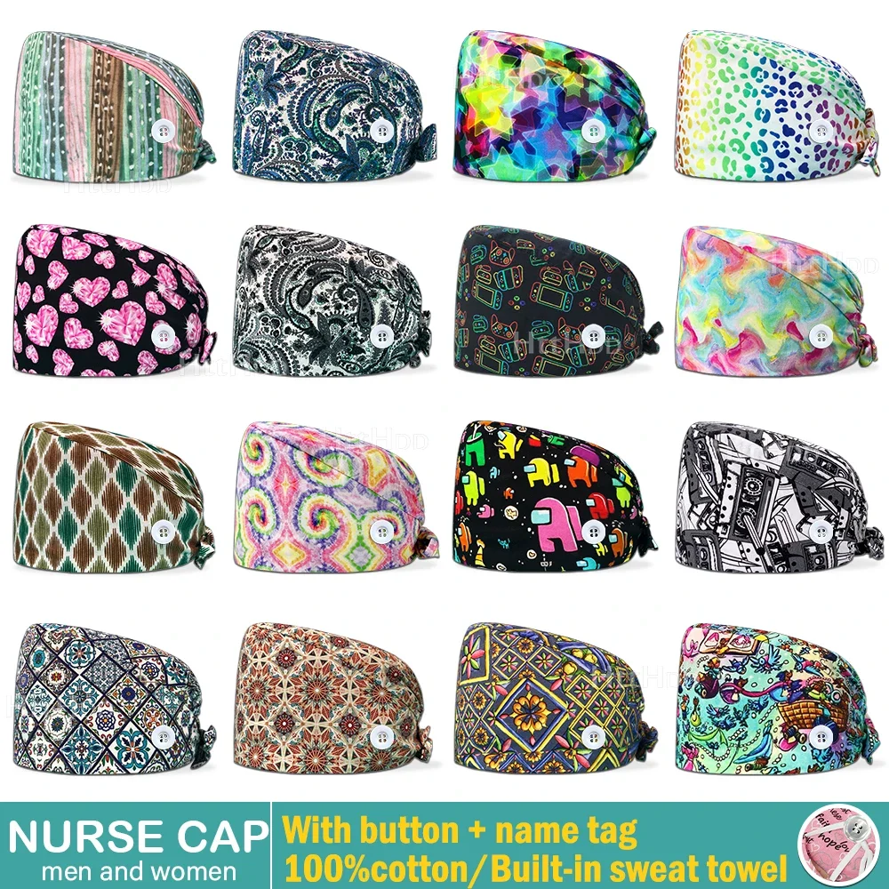 Lab Nurse Cap with Button Pet Beauty Scrub Cap Adjustable Elastic Printing Surgical Hats Medical Uniform Accessories Women Hat