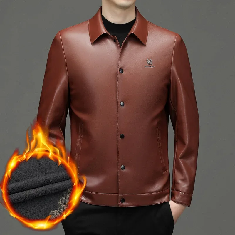 

Однотонное кожаное пальто с лацканами, корейская осенне-зимняя новая мужская тонкая флисовая куртка из искусственной кожи, большой размер, повседневный топ