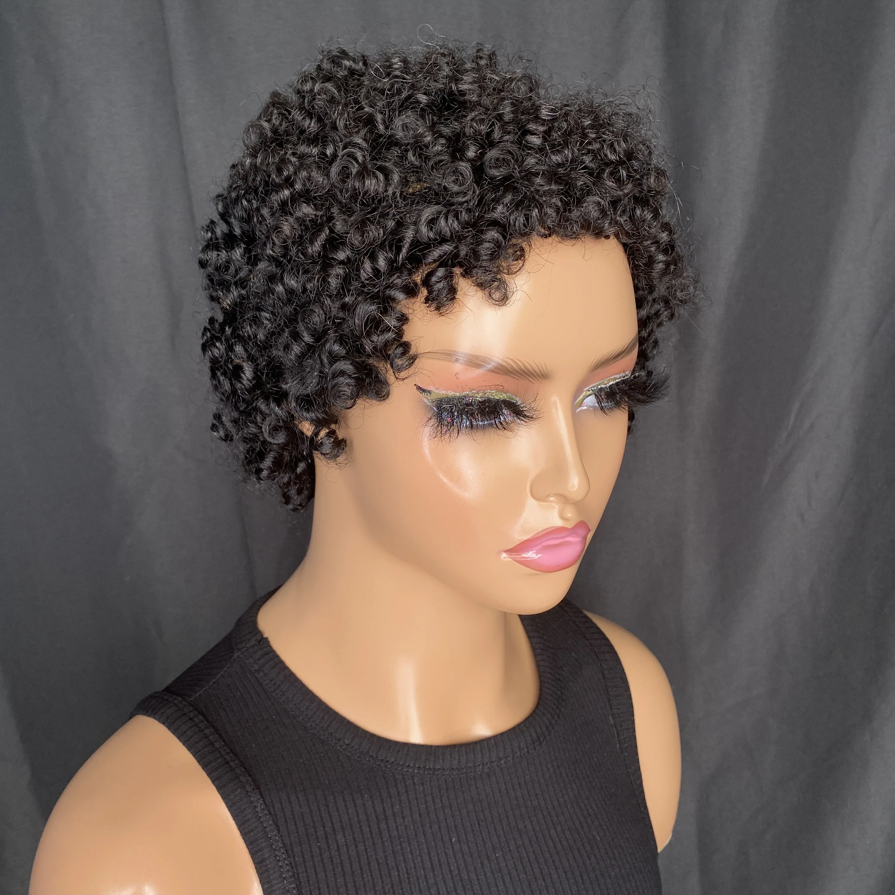 カーリーピクシーカットショートウィッグ-レミー人毛-卸売-機械製ヘアウィッグ