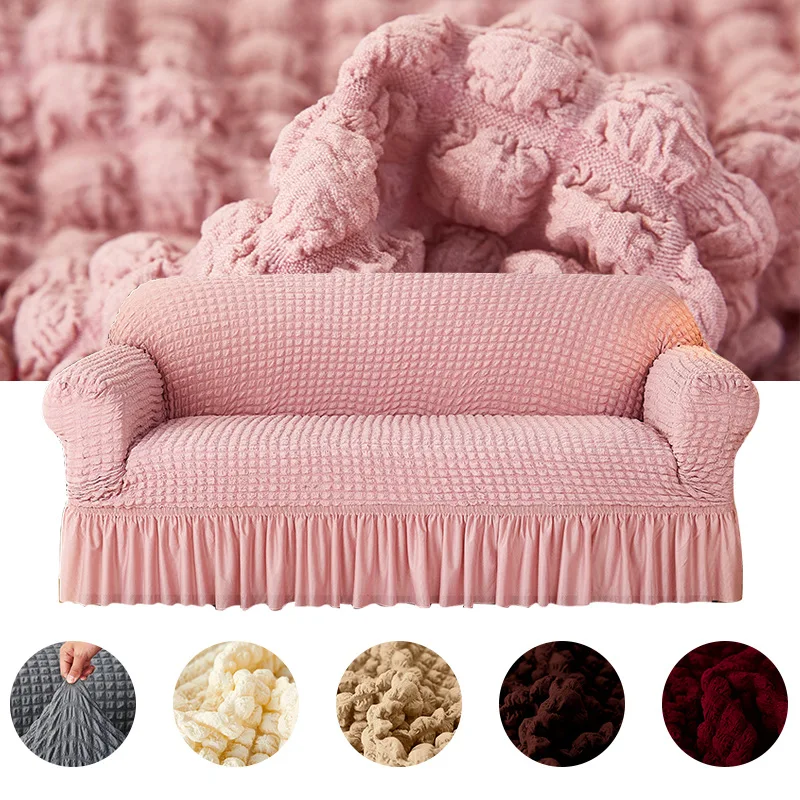 

Light Luxury Pink Color Seersucker Skirt Sofa Cover Elastic All-universal Four Seasons General Non-slip Breathable Sofa Covers