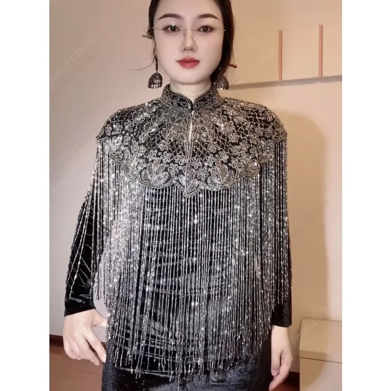 Luxury Indian Handmade Beaded Cape Fringe Shawl Sequin Embroidery Tassel Wrap for Cheongsam Wedding Evening Dress Catwalk Show