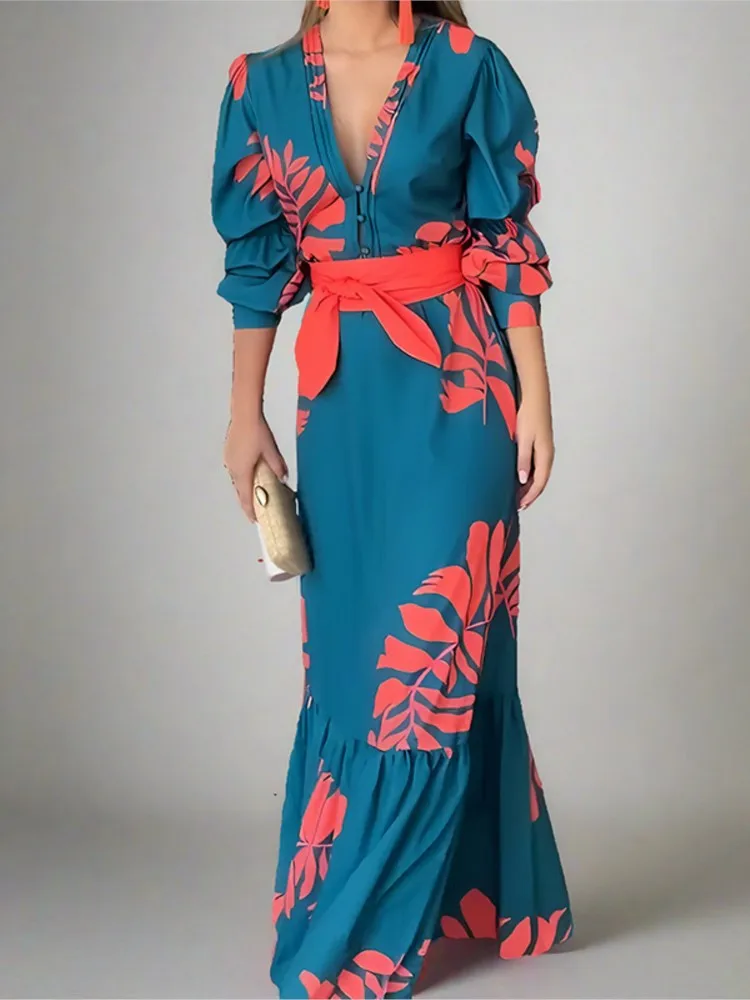

Women's Temperament Elegant Printed Fashion Lace-up Waist Puff Sleeve Long-sleeved Dress Summer V-neck Comfortable Casual Dress