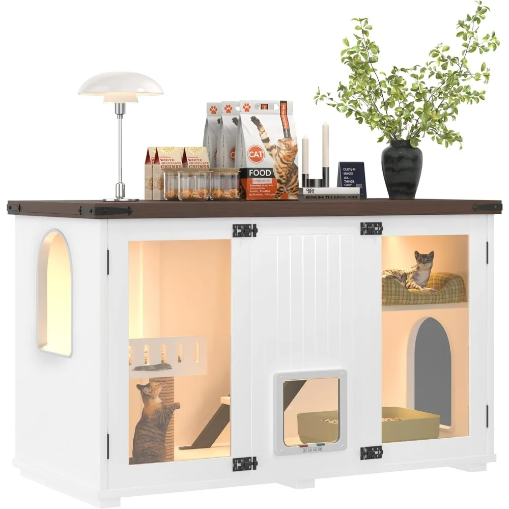 47.25 Inch Multi-Functional Cat Litter Box Enclosure with Smart Door & LED Light, Scratching Post & Stairs, Side Table/TV Stand