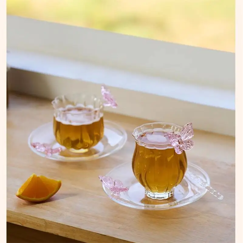 Suits Butterfly Glass Cup Saucer  Plate Coffee Cup Dish Set Afternoon Tea Cup Plates Girls Gift