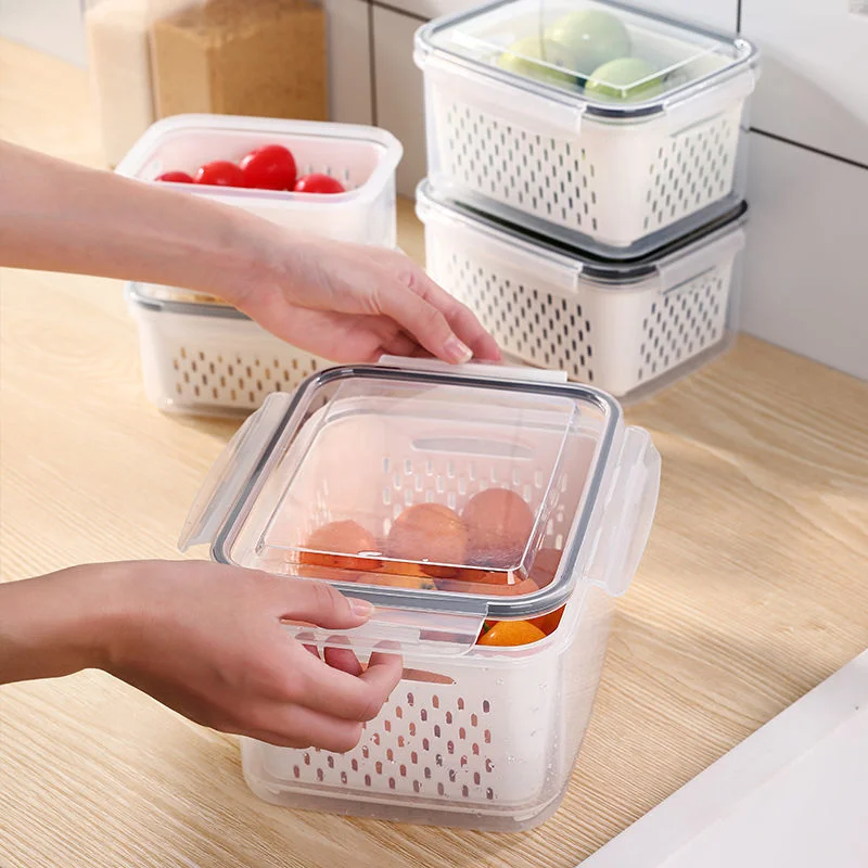 Kitchen Fridge Organizer Vegetable Fruit Food Refrigerator Storage Box Double Drain Sealed Containers Drain Basket Kitchen Items