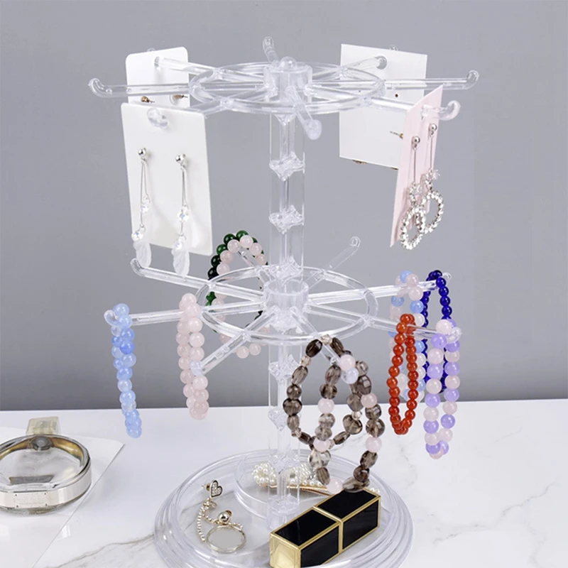 Countertop Acrylic Rotating Keychain Rack Adjustable 2 Tire Spinner Display Holder Trinkets Jewelry Organizer Stand