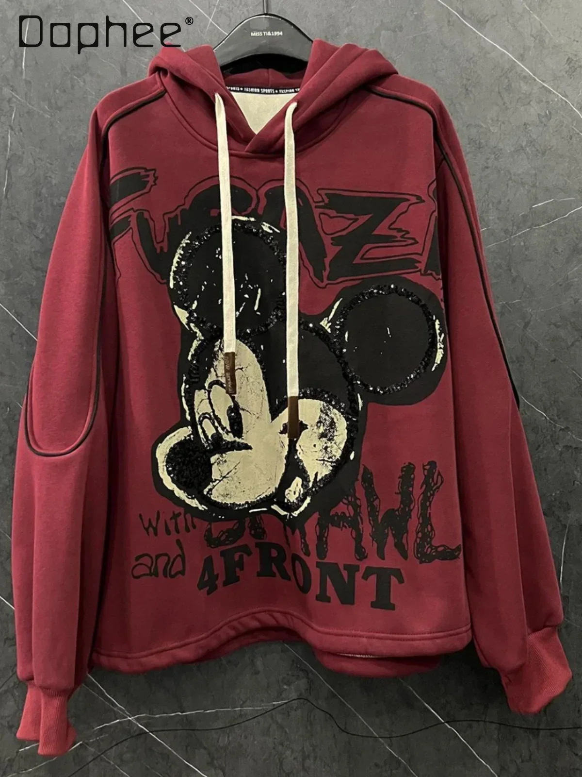 2024 Autumn and Winter New Heavy Industry Sequin Printing Cartoon Hooded Fleece Sweatshirts Women Loose Versatile Hoodies Top