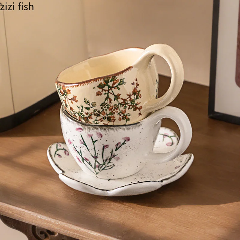 Vintage Floral Pattern Mug and Dish Set Ceramic Coffee Cup Latte Milk Cup Breakfast Cup Beverage Cups Home Water Cups Teacup