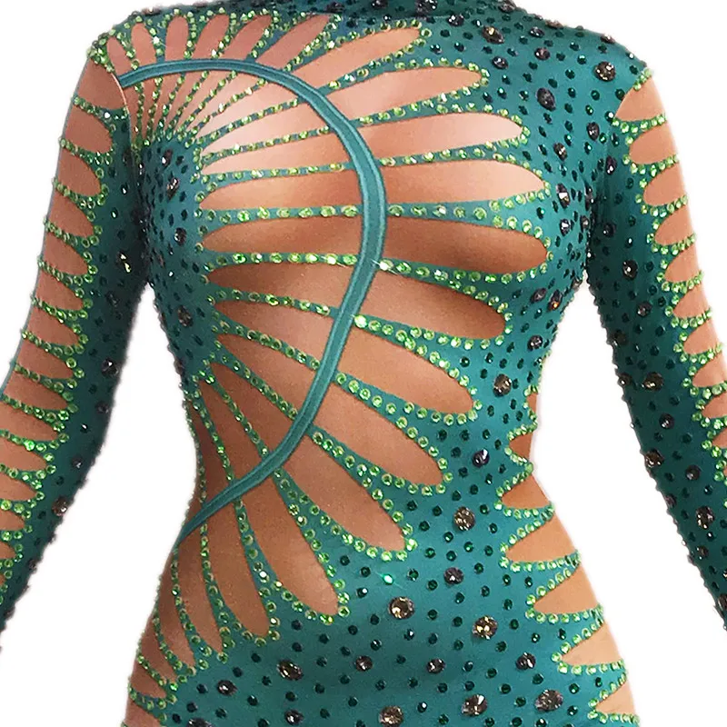 Combinaison moulante verte avec strass scintillants, Sexy, discothèque, Bar, spectacle de danse, Costume de fête, spectacle de chanteur, vêtements de scène