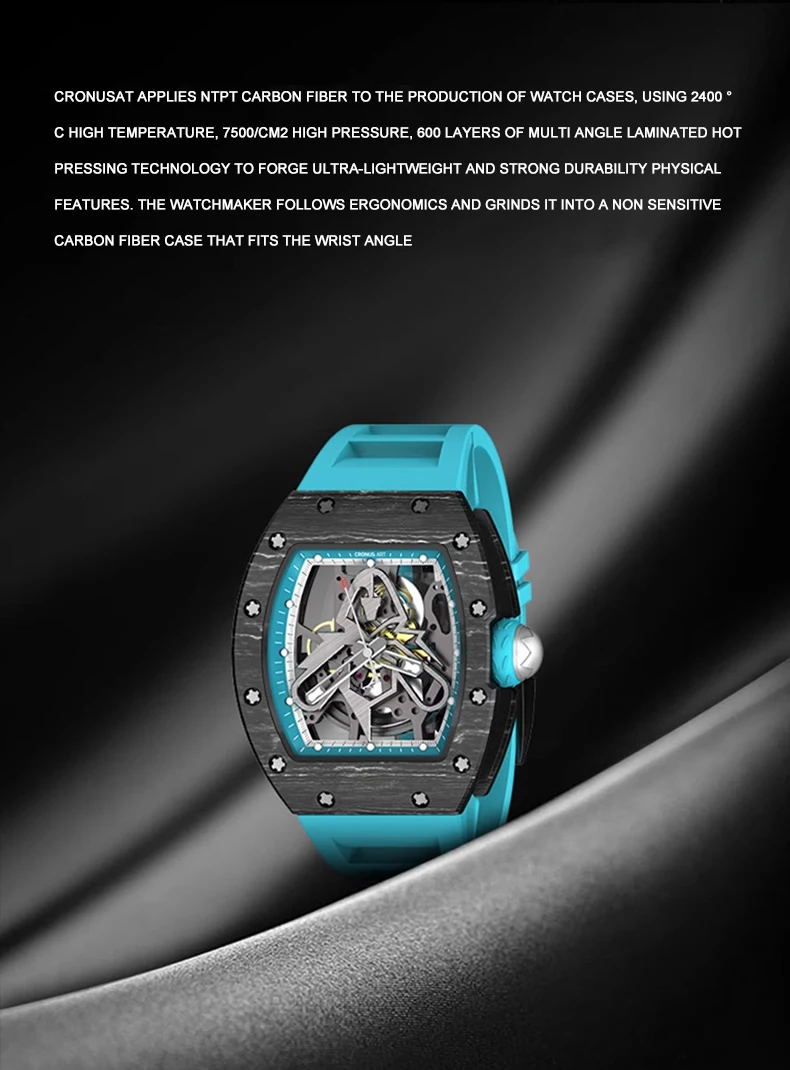 CRONUSART Orologio automatico da uomo 50mm Tonneau Orologio da polso meccanico NTPT Fibra di carbonio Luminoso cinturino in gomma fluorurata Quadrante scheletrato
