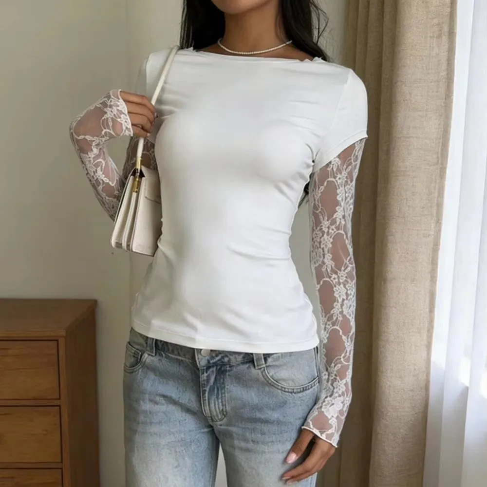 Lace Design Lace Patchwork Top Patchwork Pattern O-neck Style Bandage Top Short Sleeve See Through Fabric Slim Fit Top