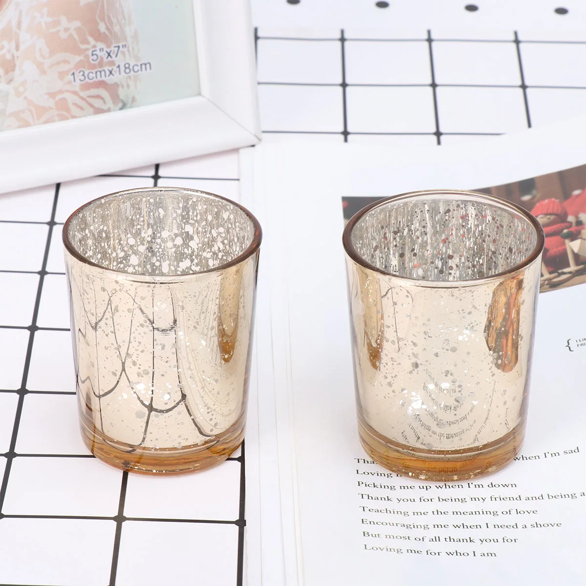 2Pcs Glass Holders Tealight Cups Plated Finish Elegant Tea Light Stand for Restaurant Mall Decoration