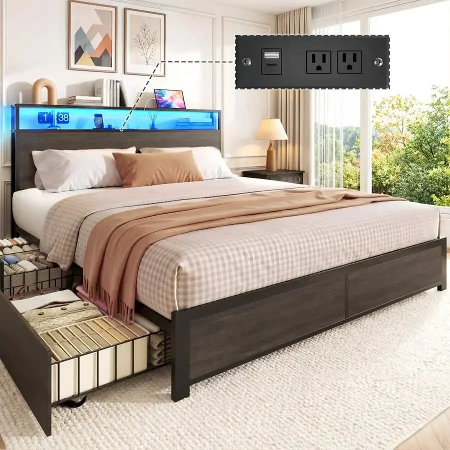 Queen Bed Frame With Headboard Charging Station Storage Drawer, Metal Support