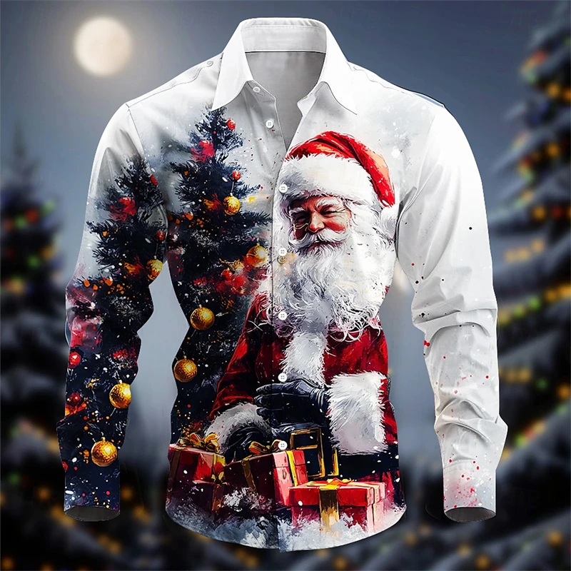 Christmas Theme Long Sleeve Shirts 3D Printed Painting Santa Claus Lapel Shirts Festival Casual Fashion Slim Streetwear Blouse