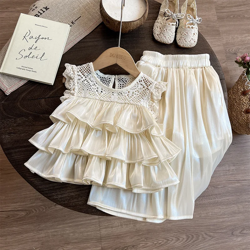 

Girls Summer Suit 2025 Children's Summer Clothes Baby Girl Lace Sleeveless Vest Wide Leg Pants Two-piece Set