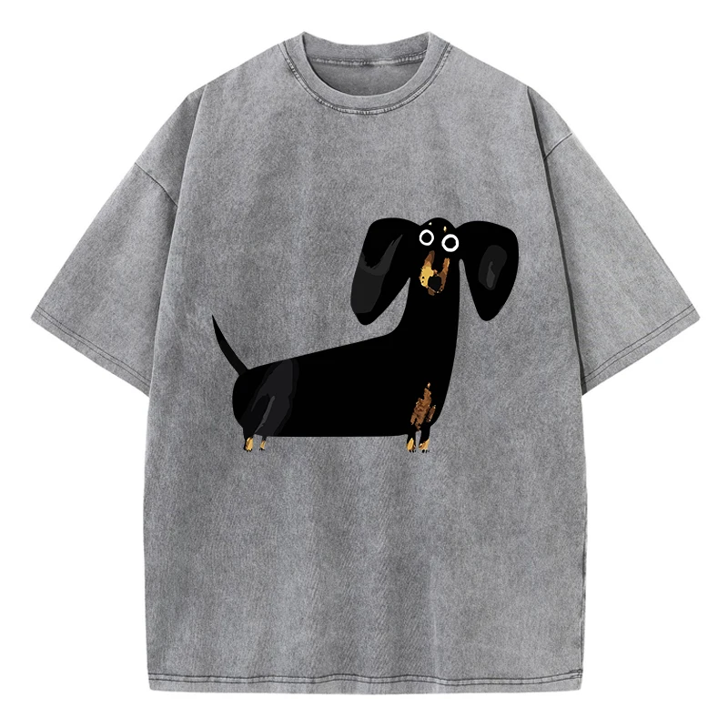 

Funny Dachshund Dog Printing Washed T-Shirt Women Cotton T Shirts O-Neck Oversized Acid Wash Tops Summer Casual Woman Clothes