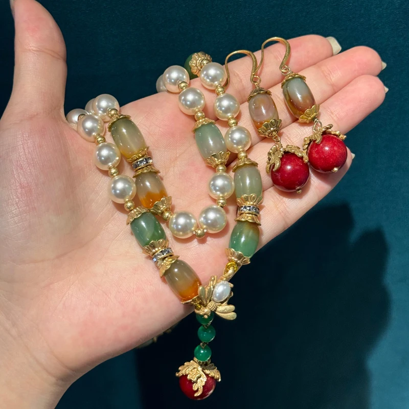 Vintage Bride Beads Necklace Set Pearl Long Jewelry For Women Red Natural Glass Drop Earrings Layered Accessories Suit 2025 New