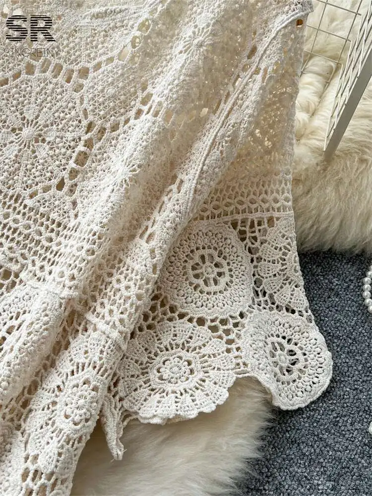 

BabYoung Summer Hook Flower Hollow Dress Women Short Sleeve O Neck Elastic Temperament Basics Gentle Loose Knitted Sundresses