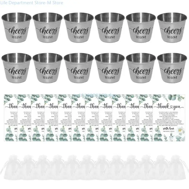 

Pack Of 12 Wedding Souvenirs Party with Sheer Bags and Thank You Card Stainless Steel Cups Return Gifts for Guest