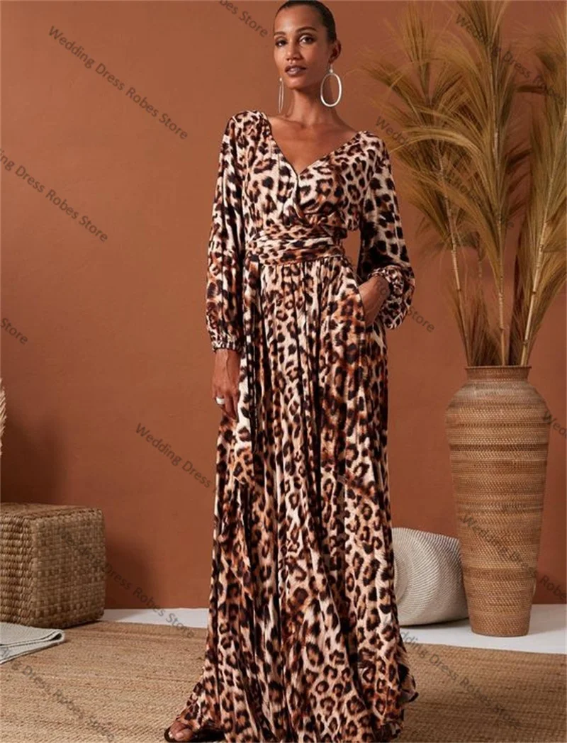 Leopard Women Prom Dress V Neck Full Sleeves Night Gown Wedding Dresses Sleepwear Custom Made Party Robes