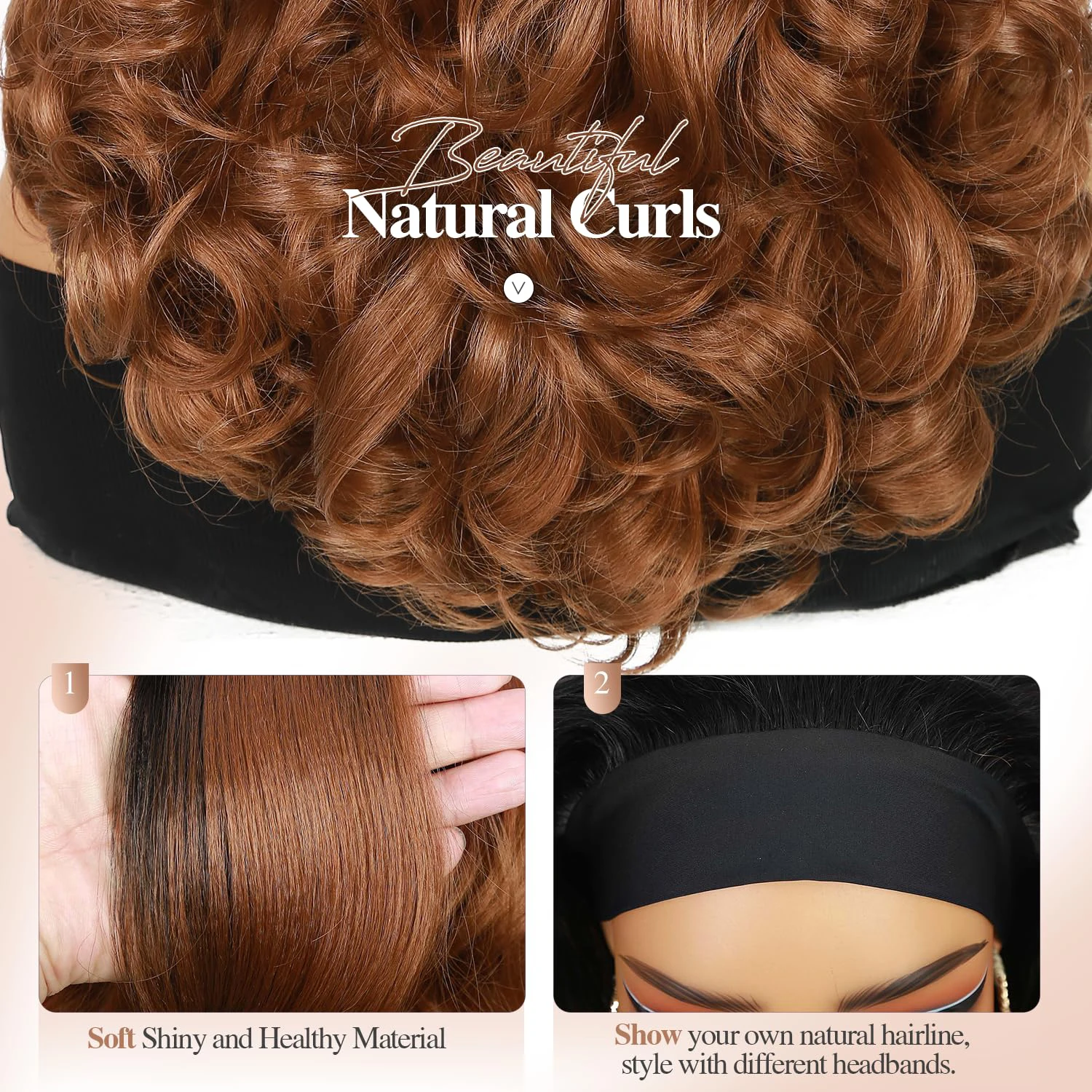 Yaki Curly Headband Wigs for Black Women Kinky Straight Ombre Brown Headband Curly Ends Synthetic Wear and Go Glue view 5