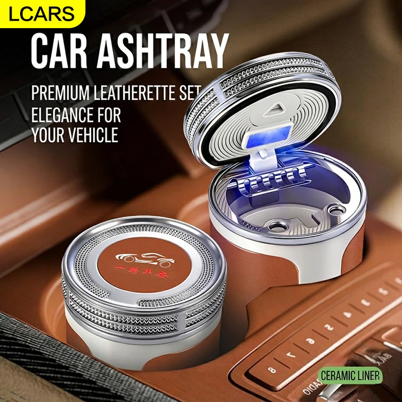 Car Ashtray with Leather Surface and Ceramic Inner Liner, Luxury Sealed Design to Prevent Odor and Ash Dispersion