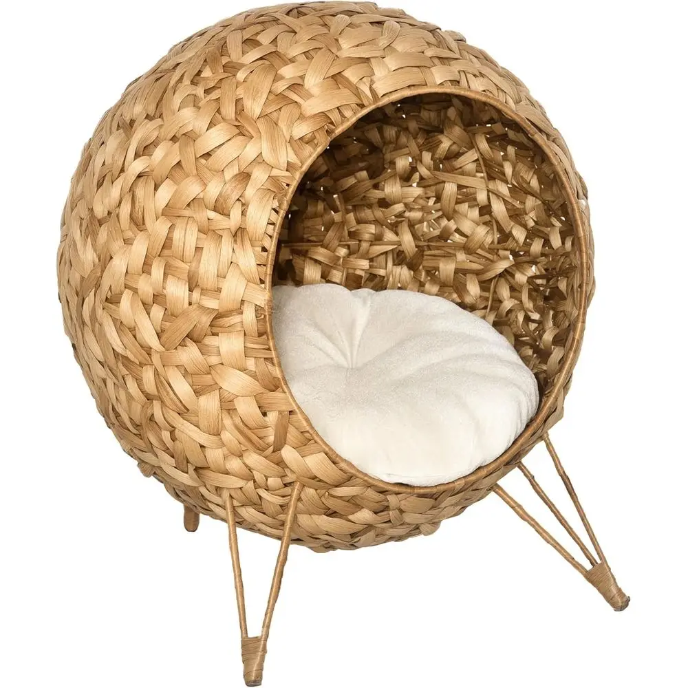 

Плетеная лежанка для кошек 20,5 дюймов, приподнятый домик-кокон ручной работы из плетеной лозы с подушкой, натуральный