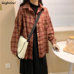 Vintage Plaid Shirts Woolen Red Black Loose Outerwear Fall Winter Leisure Long Sleeve New Students Preppy Single Breasted Mujer