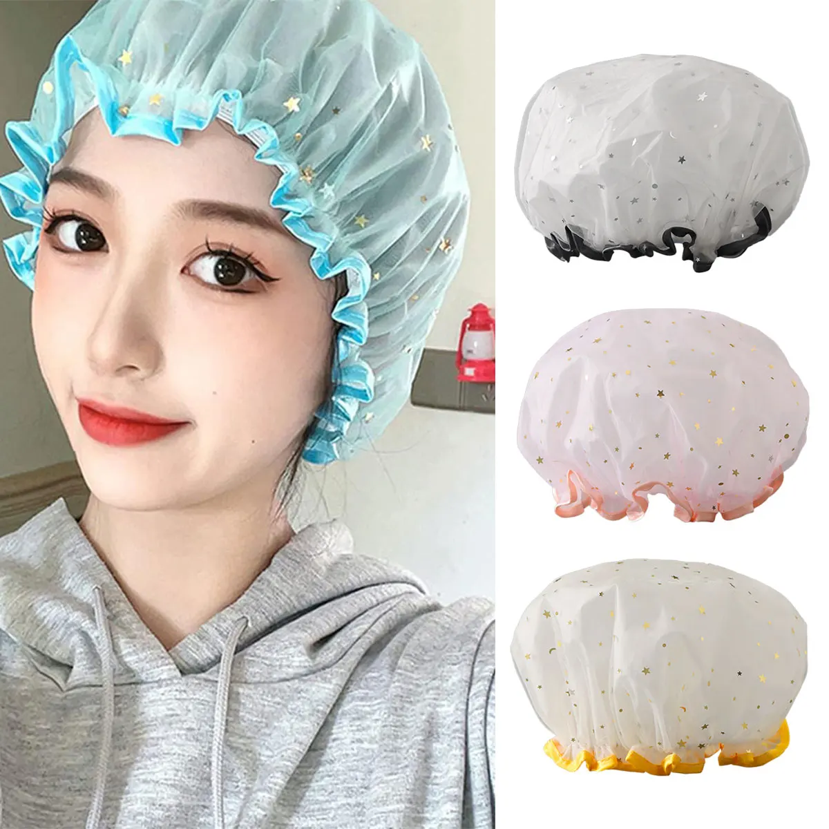 Simple And Stylish Star Double Layered Hair Shower Cap Waterproof And Reusable Shower Cap Cute Headband