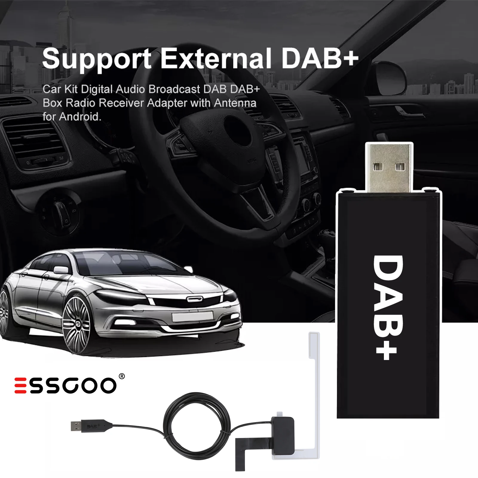 ESSGOO Car USB Android DAB+ Car Radio Adapter Digital Tuner Audio Receiver Antenna For Android Car Stereo Radio Head Unit Player