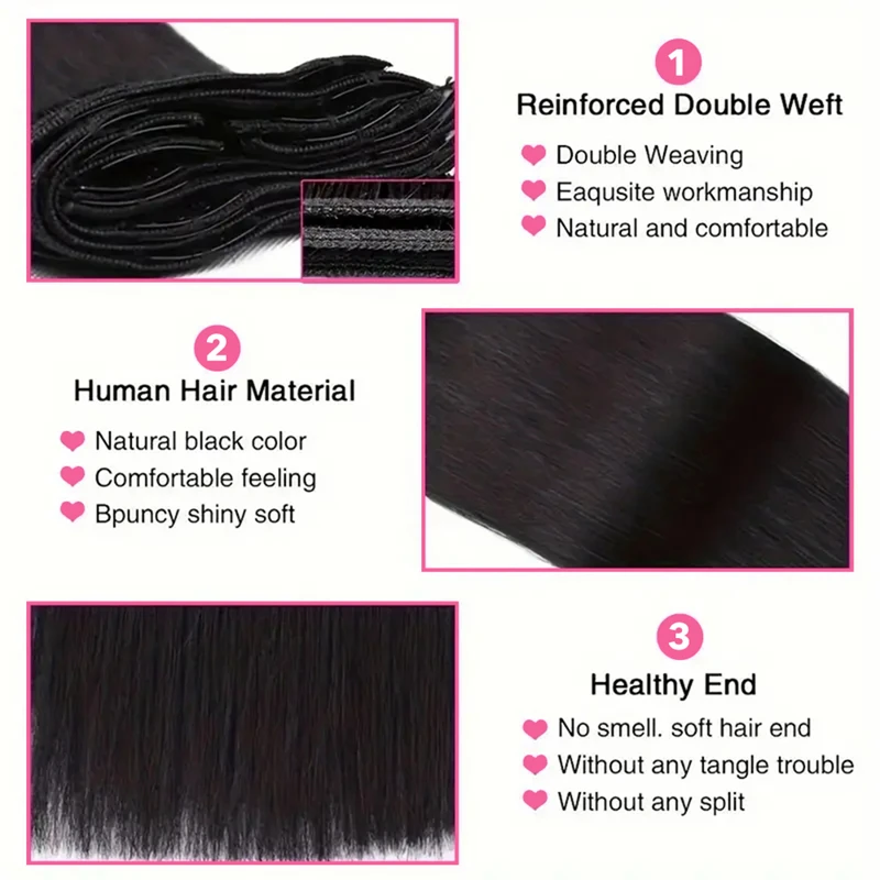 Extensions de cheveux humains à clipser, vrais cheveux raides, 120 cheveux humains brésiliens Remy, 22-24 pouces, 100% g