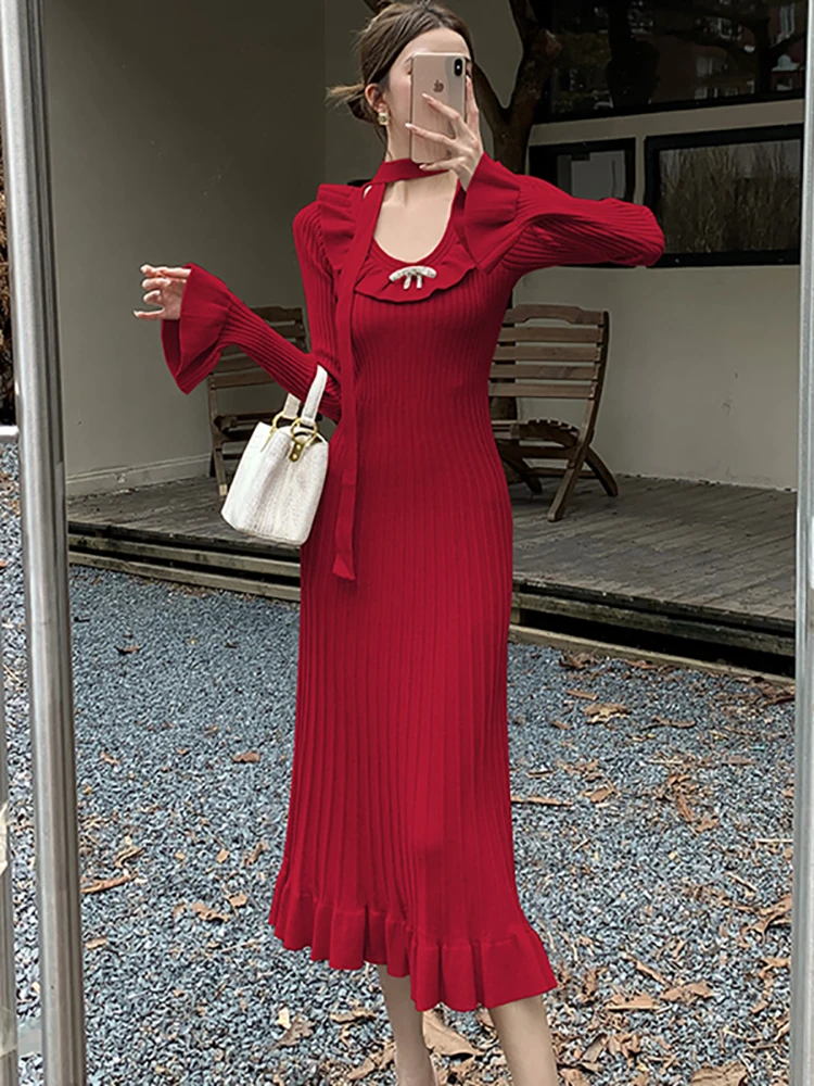 

Autumn Winter Red Knitted Bow Ruffled Collar Long Dress Women Elegant Luxury Party Vestidos 2025 Korean Bodycon Mermaid Dresses