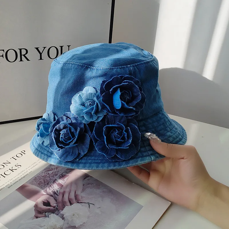 Blue Denim Fabric Bucket Hat for Women Spring Travel Sun Protection Chapeau Breathable Cotton Soft Foldable Sun Hat Sombrero