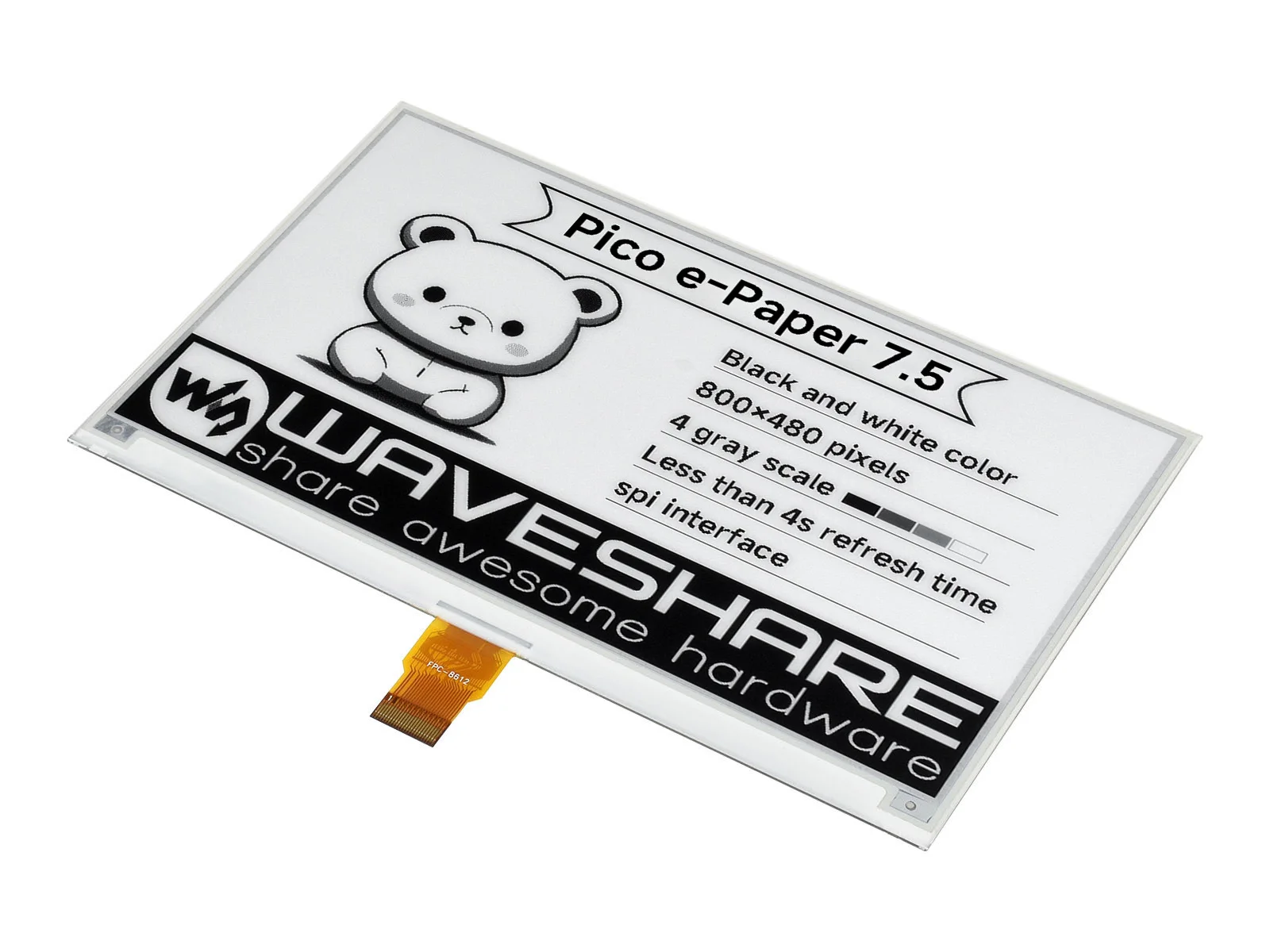 Waveshare 7.5inch E-Paper E-Ink Display Module For Raspberry Pi Pico, 800×480 Pixels, Black / White, SPI Interface